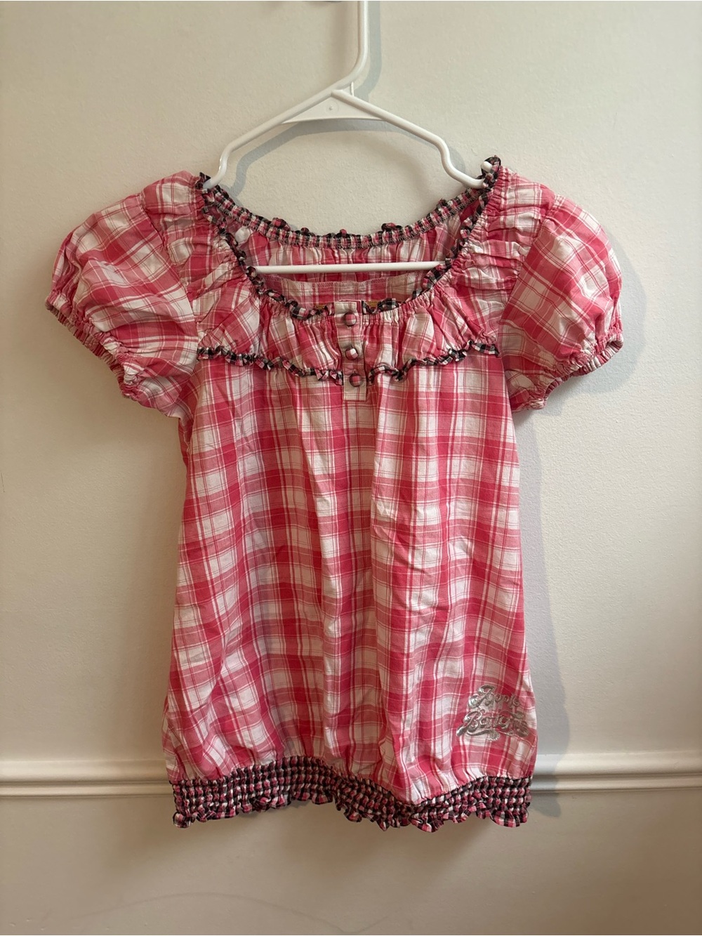 Apple Bottoms Pink Plaid Puff-Sleeve Peasant Top